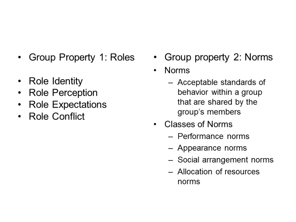 Group Property 1: Roles Role Identity Role Perception Role Expectations Role Conflict Group property